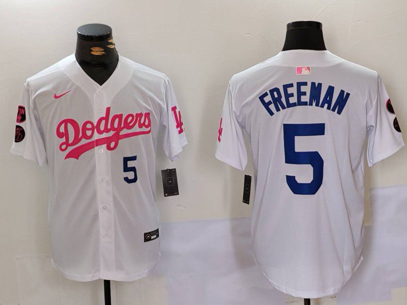 Men Los Angeles Dodgers 5 Freeman White pink joint name 2024 Nike MLB Jersey style 1